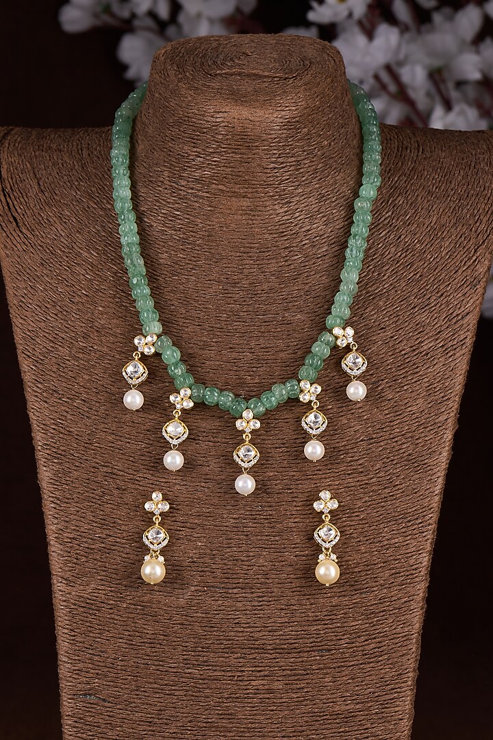 Gold Finish Moissanite Polki & Green Stone Long Necklace Set In Sterling Silver by Hunar at Pernia's Pop Up Shop