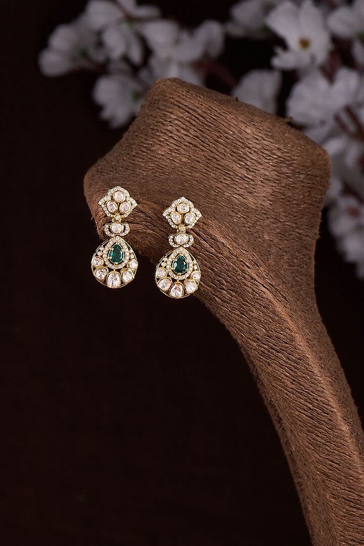Gold Finish Moissanite Polki & Green Synthetic Stone Dangler Earrings In Sterling Silver by Hunar at Pernia's Pop Up Shop