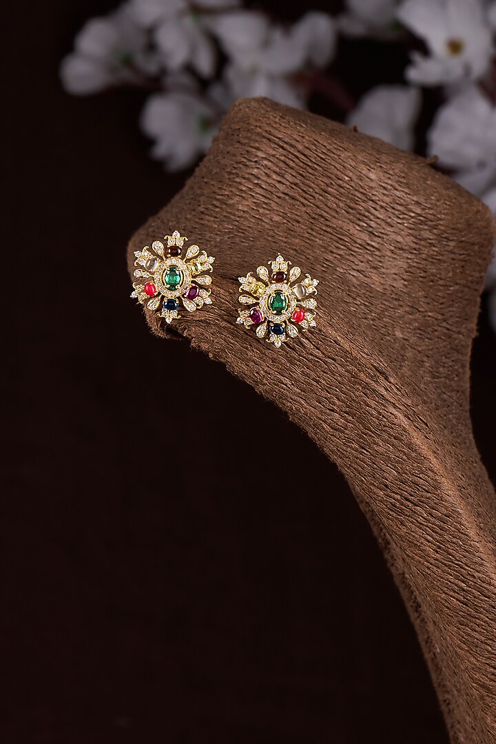 Gold Finish Moissanite Polki & Multi-Colored Stone Stud Earrings In Sterling Silver by Hunar at Pernia's Pop Up Shop