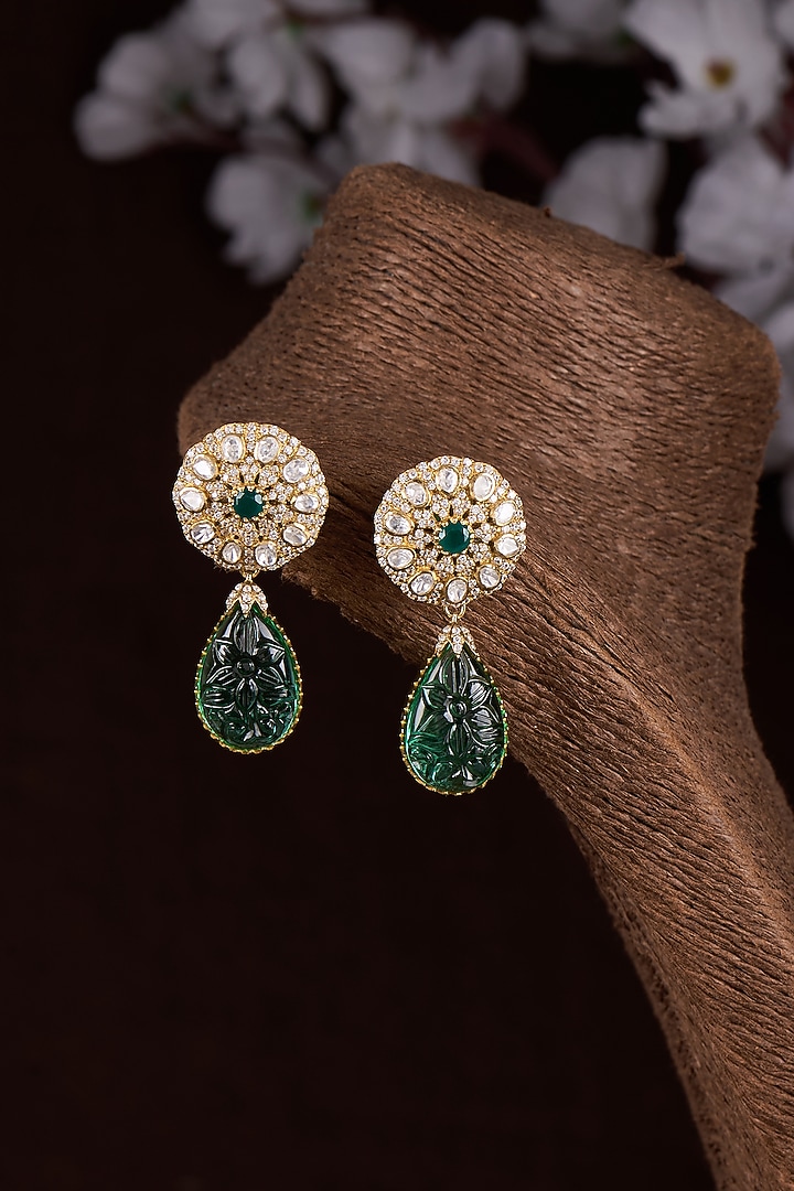 Gold Finish Moissanite Polki & Green Synthetic Stone Dangler Earrings In Sterling Silver by Hunar at Pernia's Pop Up Shop