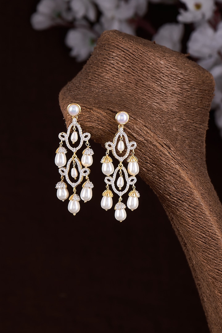 Gold Finish Moissanite Polki & Pearl Dangler Earrings In Sterling Silver by Hunar at Pernia's Pop Up Shop