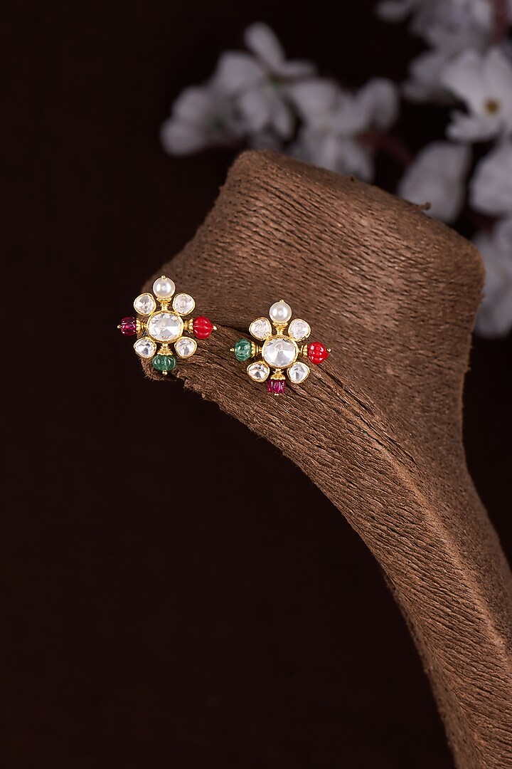 Gold Finish Moissanite Polki & Multi-Colored Stone Stud Earrings In Sterling Silver by Hunar at Pernia's Pop Up Shop
