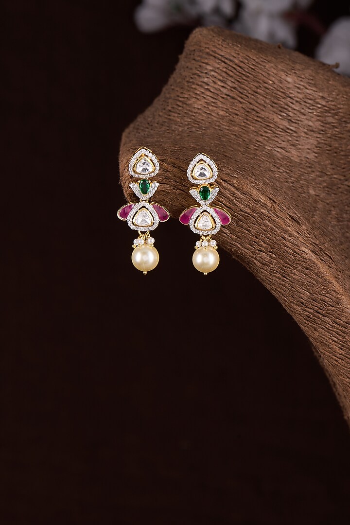 Gold Finish Moissanite Polki & Multi-Colored Stone Dangler Earrings In Sterling Silver by Hunar at Pernia's Pop Up Shop