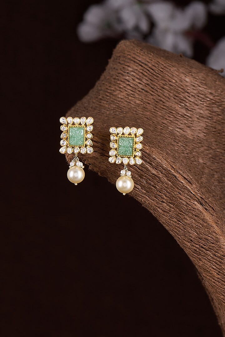 Gold Finish Moissanite Polki & Pearl Dangler Earrings In Sterling Silver by Hunar at Pernia's Pop Up Shop