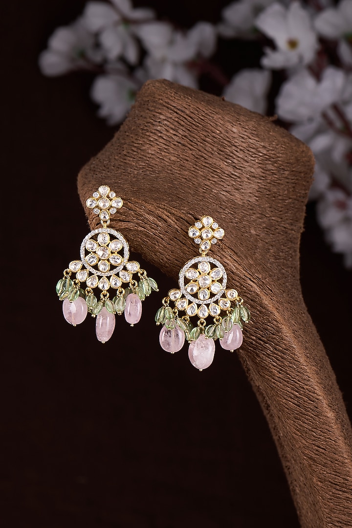 Gold Finish Moissanite Polki & Multi-Colored Stone Dangler Earrings In Sterling Silver by Hunar at Pernia's Pop Up Shop
