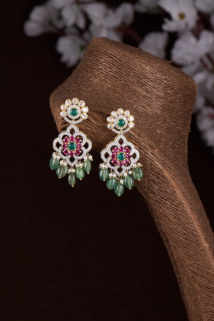 Gold Finish Moissanite Polki & Multi-Colored Stone Dangler Earrings In Sterling Silver by Hunar at Pernia's Pop Up Shop