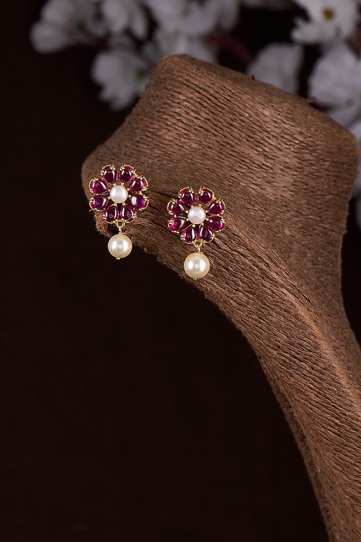 Gold Finish Moissanite Polki & Red Stone Dangler Earrings In Sterling Silver by Hunar at Pernia's Pop Up Shop
