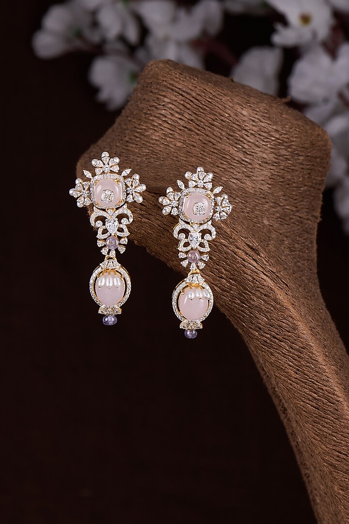 Gold Finish Moissanite Polki & Pink Synthetic Stone Dangler Earrings In Sterling Silver by Hunar at Pernia's Pop Up Shop