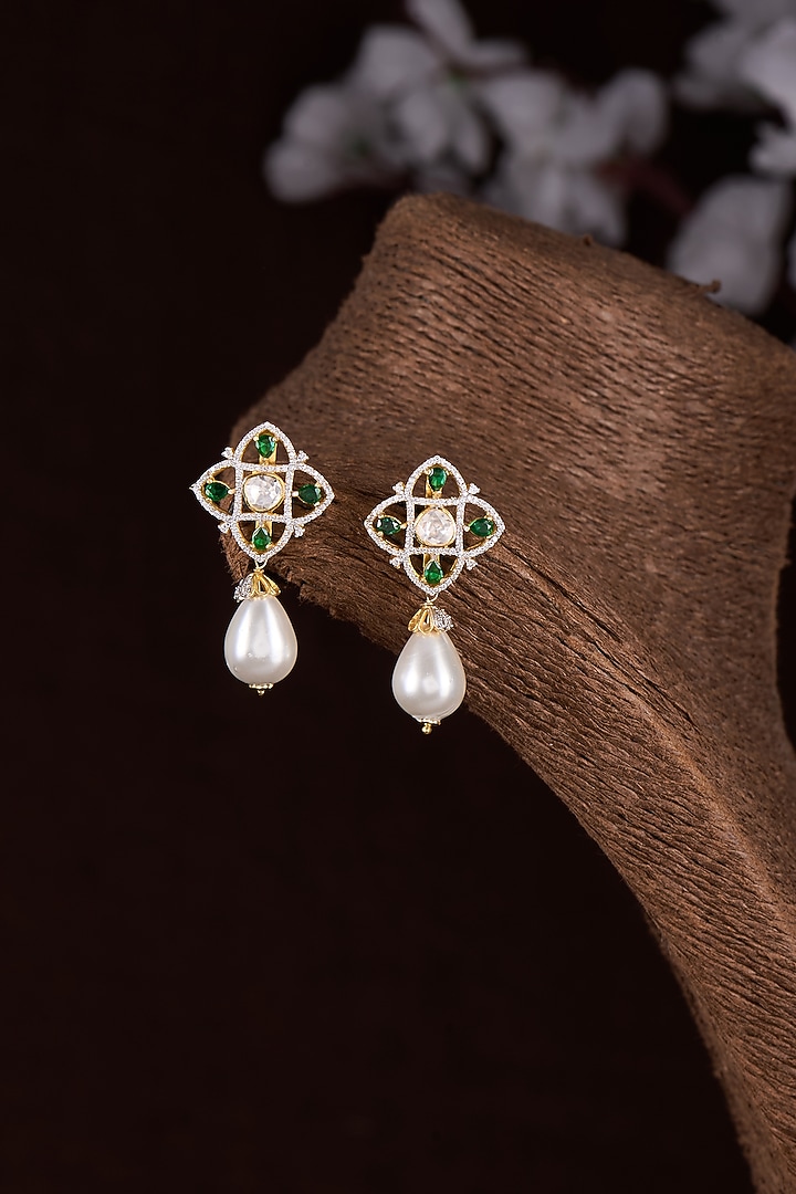 Gold Finish Moissanite Polki & Pearl Dangler Earrings In Sterling Silver by Hunar at Pernia's Pop Up Shop