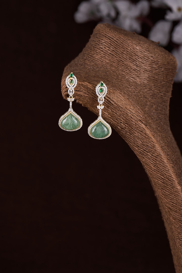 Gold Finish Moissanite Polki & Green Synthetic Stone Dangler Earrings In Sterling Silver by Hunar at Pernia's Pop Up Shop