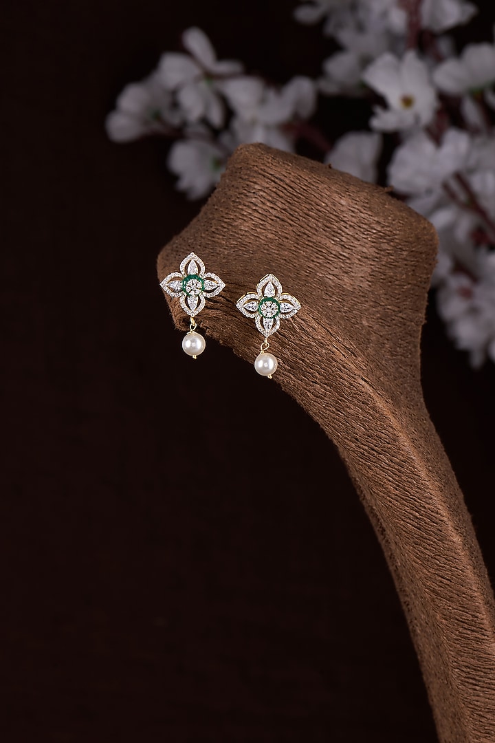 Gold Finish Moissanite Polki & Pearl Dangler Earrings In Sterling Silver by Hunar at Pernia's Pop Up Shop