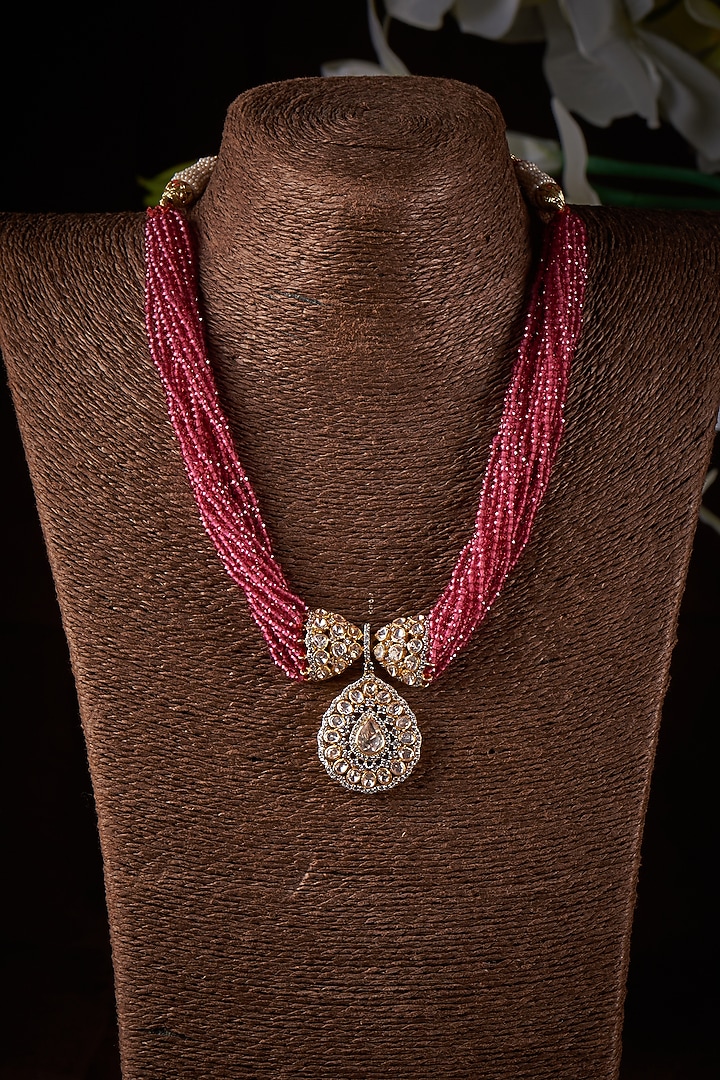 Gold Finish Moissanite Polki & Pink Stone Long Necklace In Sterling Silver by Hunar at Pernia's Pop Up Shop
