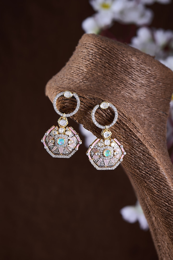 Gold Finish Moissanite Polki & Green Stone Dangler Earrings In Sterling Silver by Hunar at Pernia's Pop Up Shop
