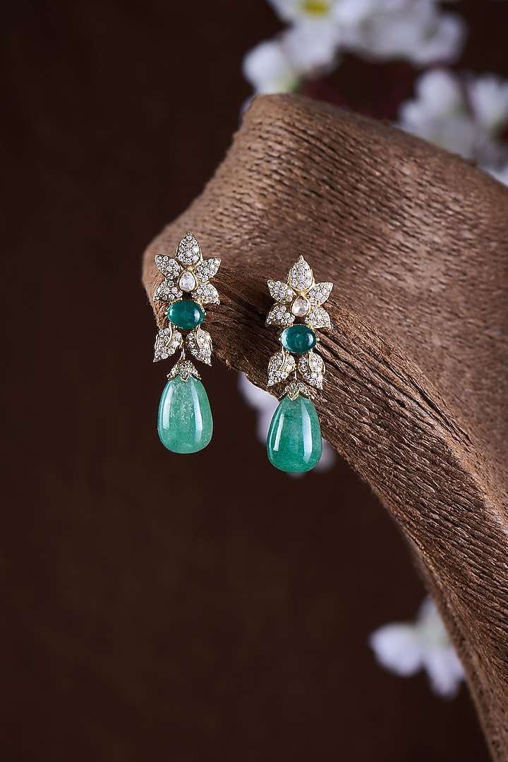 Gold Finish Moissanite Polki & Green Stone Dangler Earrings In Sterling Silver by Hunar at Pernia's Pop Up Shop