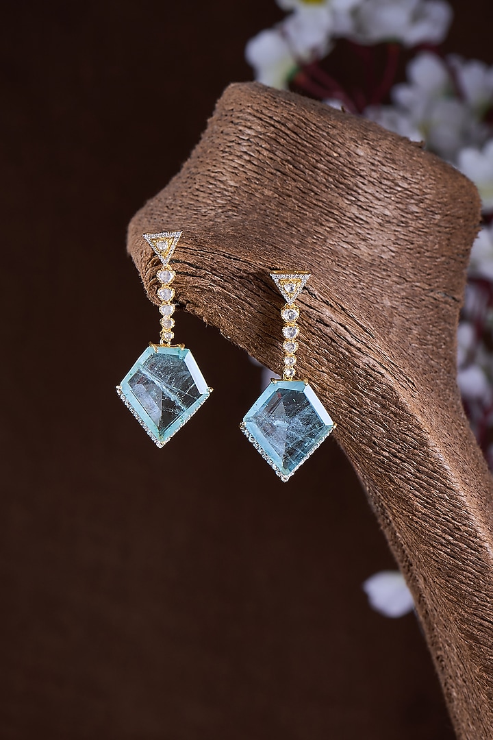 Gold Finish Moissanite Polki & Green Stone Dangler Earrings In Sterling Silver by Hunar at Pernia's Pop Up Shop