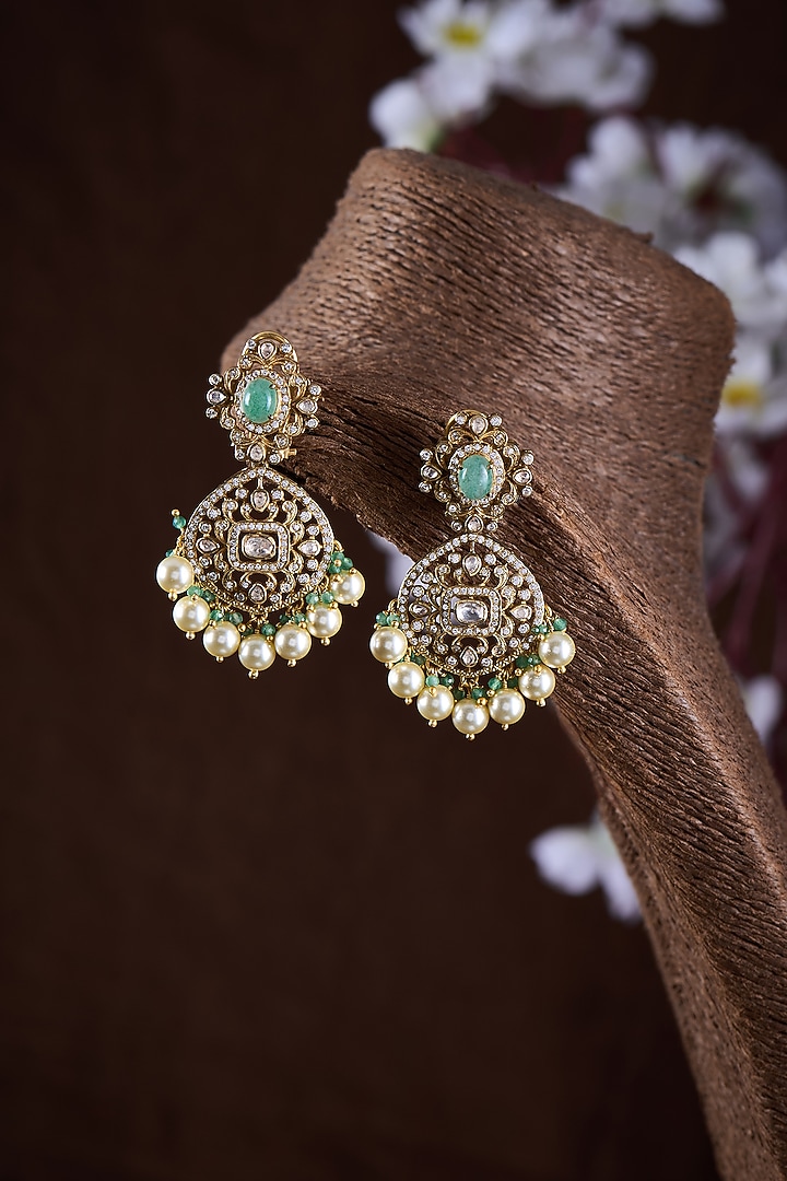 Gold Finish Moissanite Polki & Green Stone Chandbali Earrings In Sterling Silver by Hunar at Pernia's Pop Up Shop