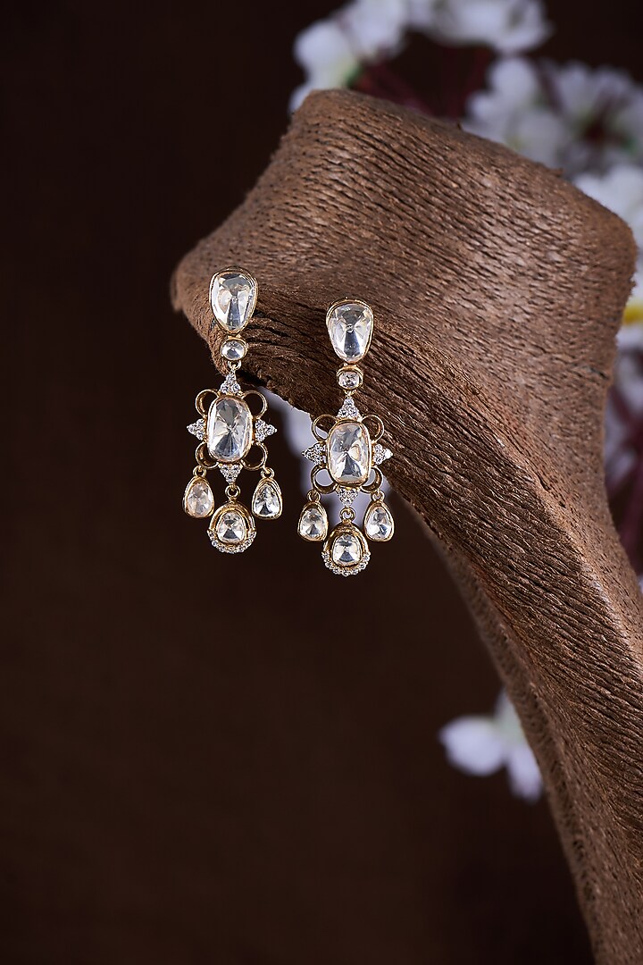 Gold Finish Moissanite Polki & Pearl Dangler Earrings In Sterling Silver by Hunar at Pernia's Pop Up Shop