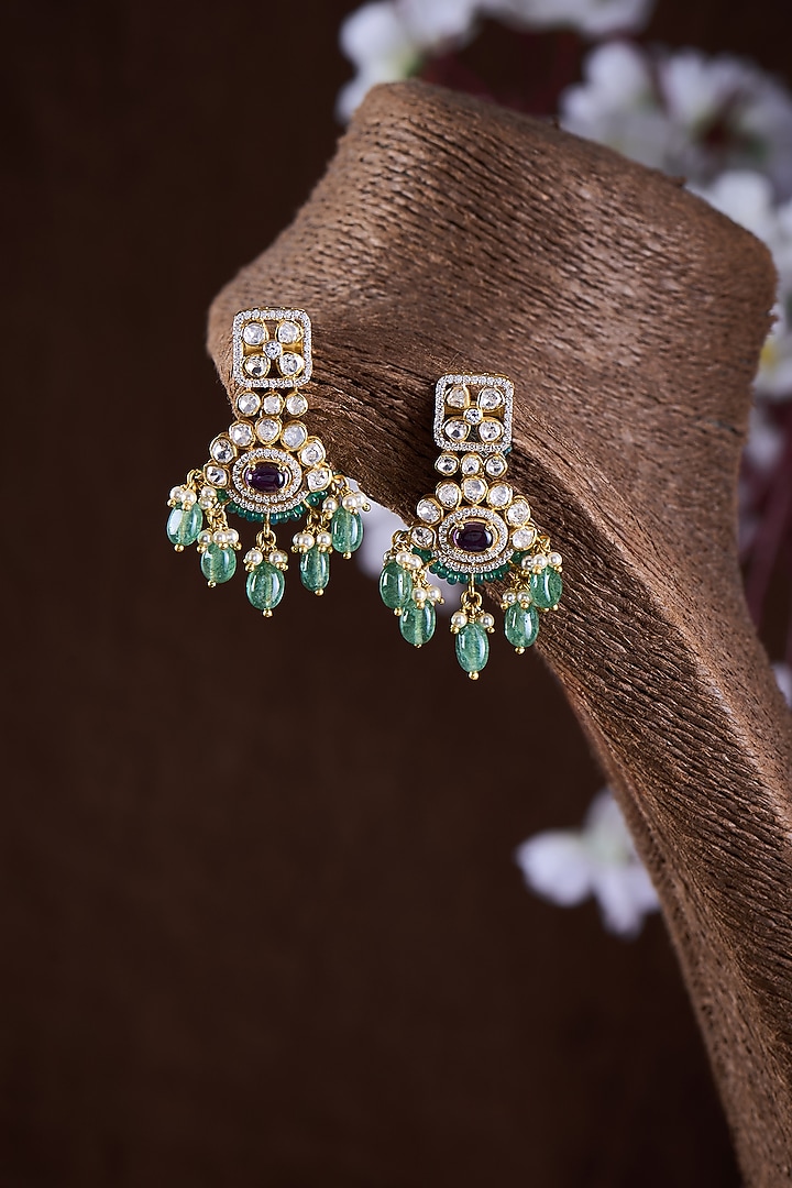Gold Finish Moissanite Polki & Green Synthetic Stone Dangler Earrings In Sterling Silver by Hunar at Pernia's Pop Up Shop