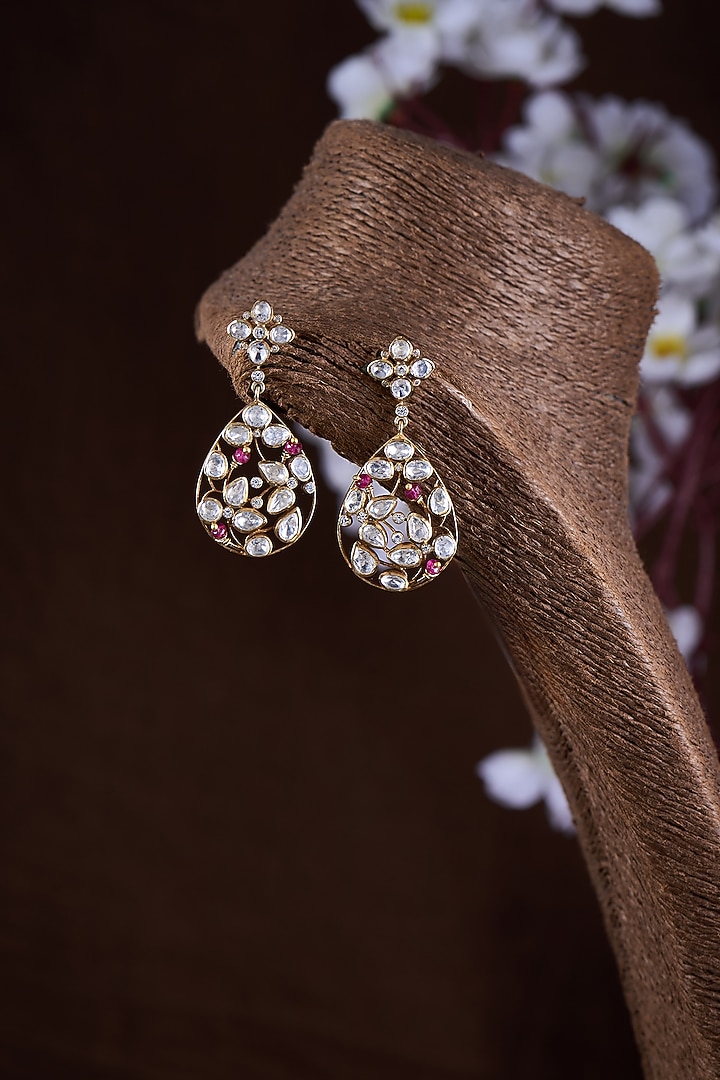 Gold Finish Moissanite Polki & Ruby Synthetic Stone Dangler Earrings In Sterling Silver by Hunar at Pernia's Pop Up Shop
