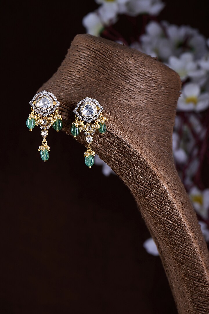 Gold Finish Moissanite Polki & Green Synthetic Stone Dangler Earrings In Sterling Silver by Hunar at Pernia's Pop Up Shop