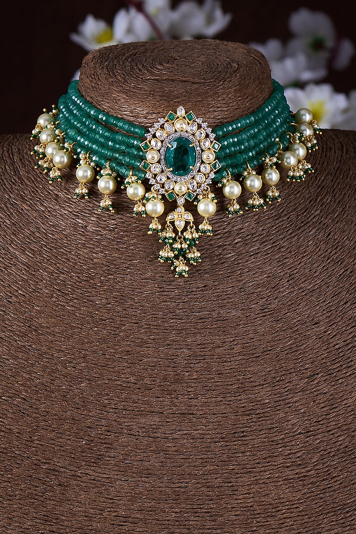 Gold Finish Moissanite Polki & Green Stone Choker Necklace In Sterling Silver by Hunar at Pernia's Pop Up Shop
