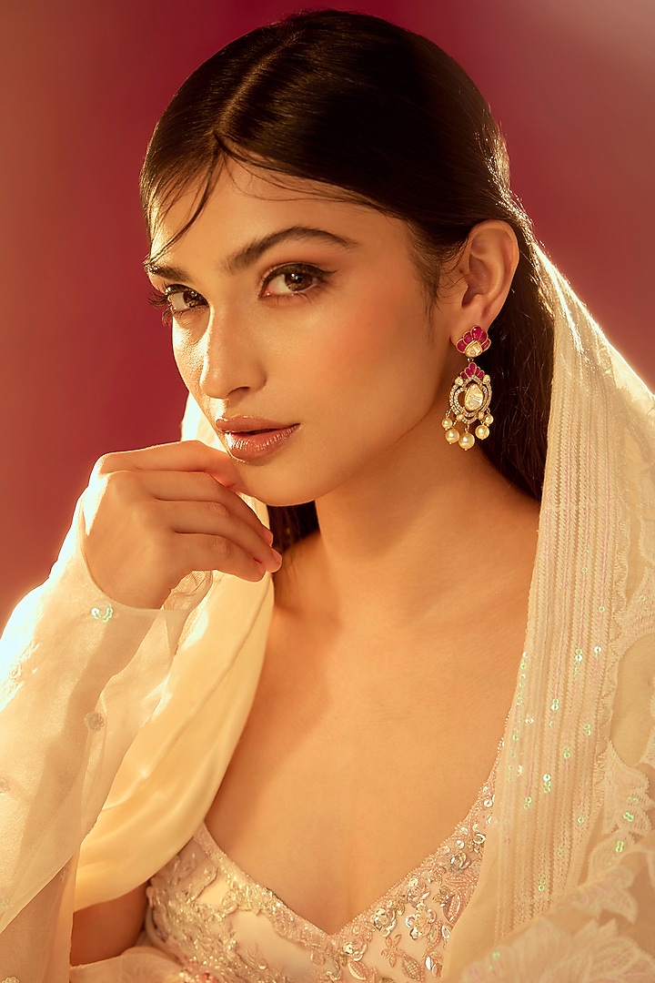 Gold Finish Moissanite Polki & Red Synthetic Stone Dangler Earrings In Sterling Silver by Hunar at Pernia's Pop Up Shop