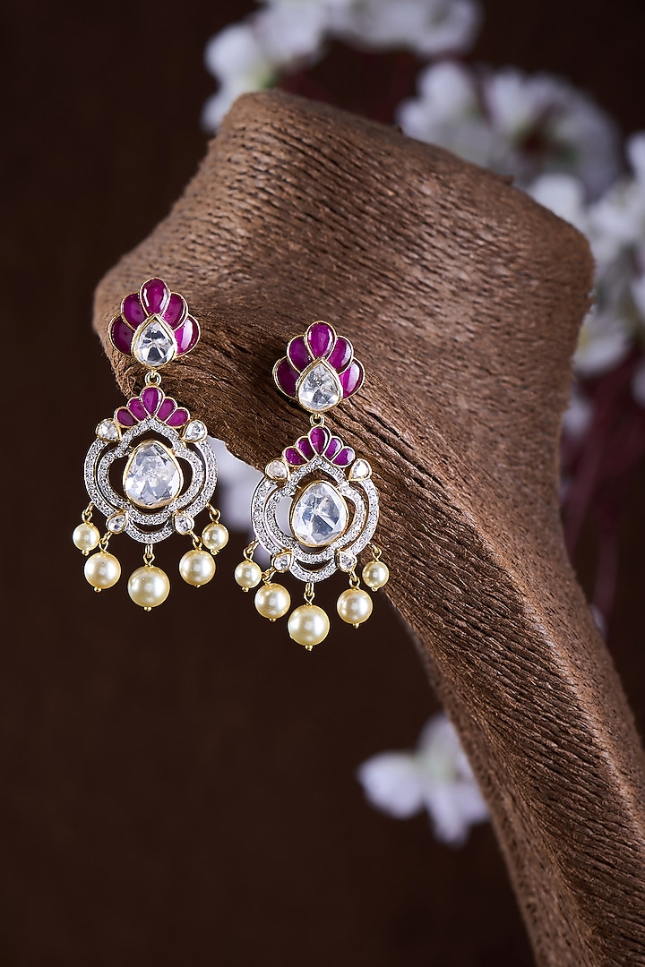 Gold Finish Moissanite Polki & Red Synthetic Stone Dangler Earrings In Sterling Silver by Hunar at Pernia's Pop Up Shop