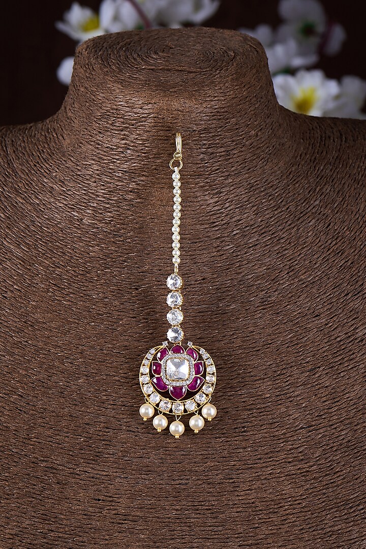 Gold Finish Moissanite Polki & Red Stone Maangtikka In Sterling Silver by Hunar at Pernia's Pop Up Shop