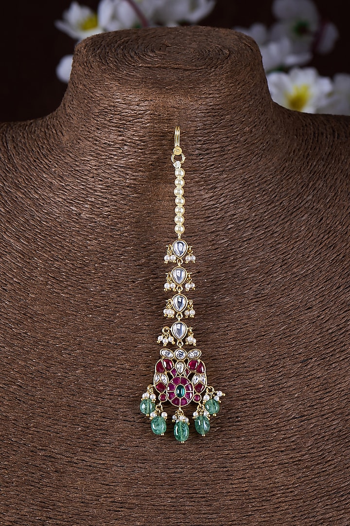 Gold Finish Moissanite Polki & Multi-Colored Stone Maangtikka In Sterling Silver by Hunar at Pernia's Pop Up Shop