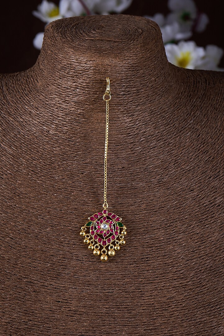Gold Finish Moissanite Polki & Red Stone Maangtikka In Sterling Silver by Hunar at Pernia's Pop Up Shop