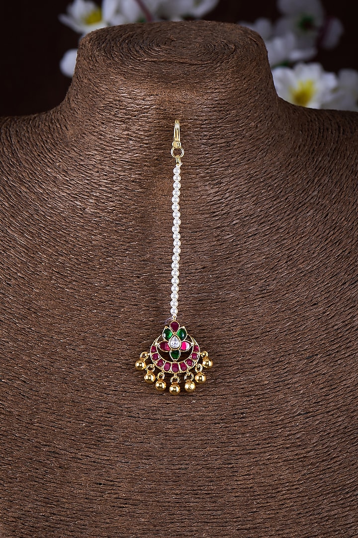 Gold Finish Moissanite Polki & Multi-Colored Stone Maangtikka In Sterling Silver by Hunar at Pernia's Pop Up Shop