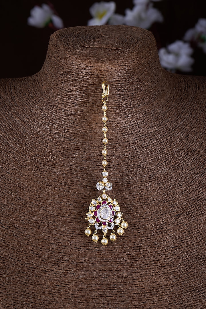 Gold Finish Moissanite Polki & Ruby Synthetic Stone Maangtikka In Sterling Silver by Hunar at Pernia's Pop Up Shop