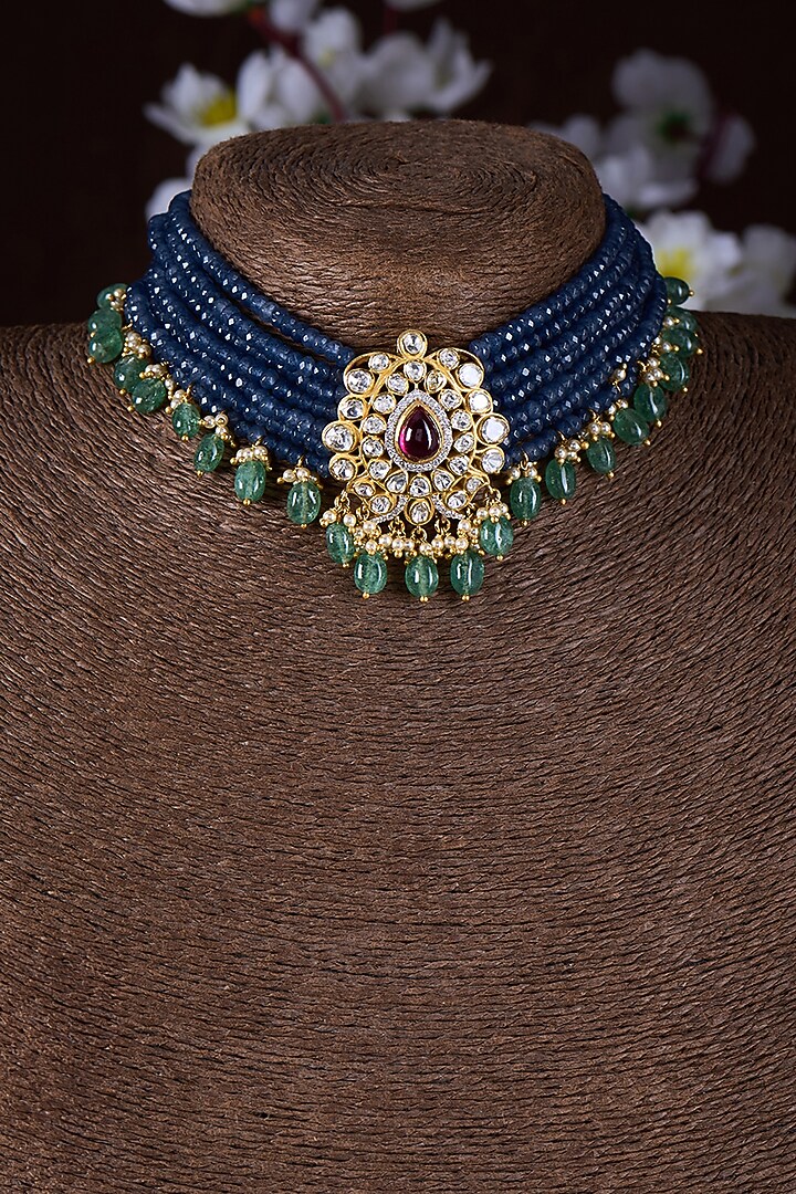 Gold Finish Moissanite Polki & Blue Synthetic Stone Choker Necklace In Sterling Silver by Hunar at Pernia's Pop Up Shop