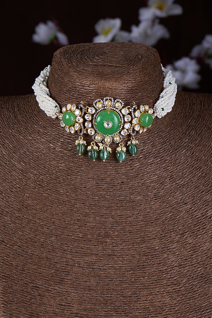 Gold Finish Moissanite Polki & Emerald Green Stone Choker Necklace In Sterling Silver by Hunar at Pernia's Pop Up Shop