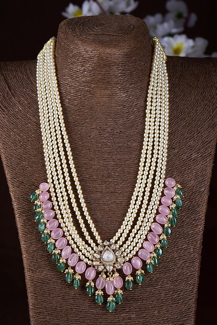 Gold Finish Moissanite Polki & Pink Stone Long Necklace In Sterling Silver by Hunar at Pernia's Pop Up Shop
