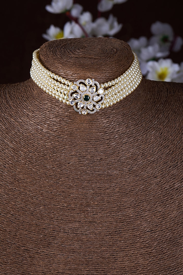 Gold Finish Moissanite Polki & Emerald Green Stone Choker Necklace In Sterling Silver by Hunar at Pernia's Pop Up Shop