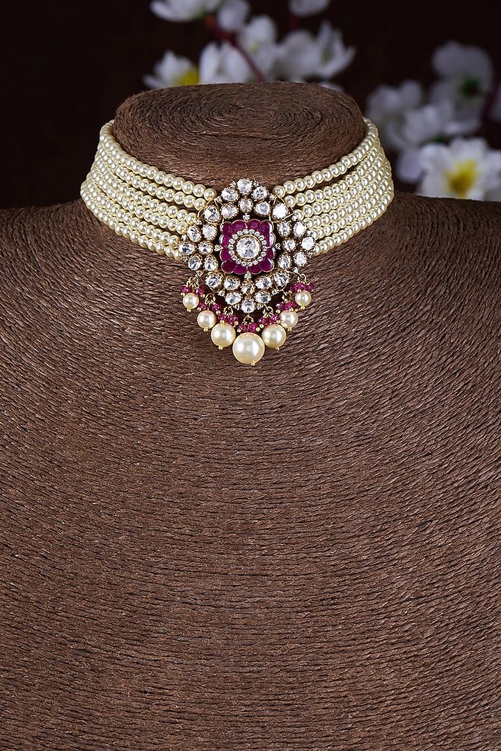 Gold Finish Moissanite Polki & Ruby Synthetic Stone Choker Necklace In Sterling Silver by Hunar at Pernia's Pop Up Shop