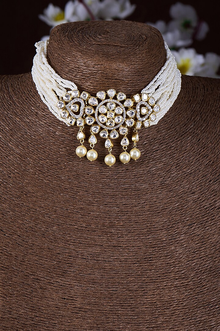 Gold Finish Moissanite Polki Choker Necklace In Sterling Silver by Hunar at Pernia's Pop Up Shop