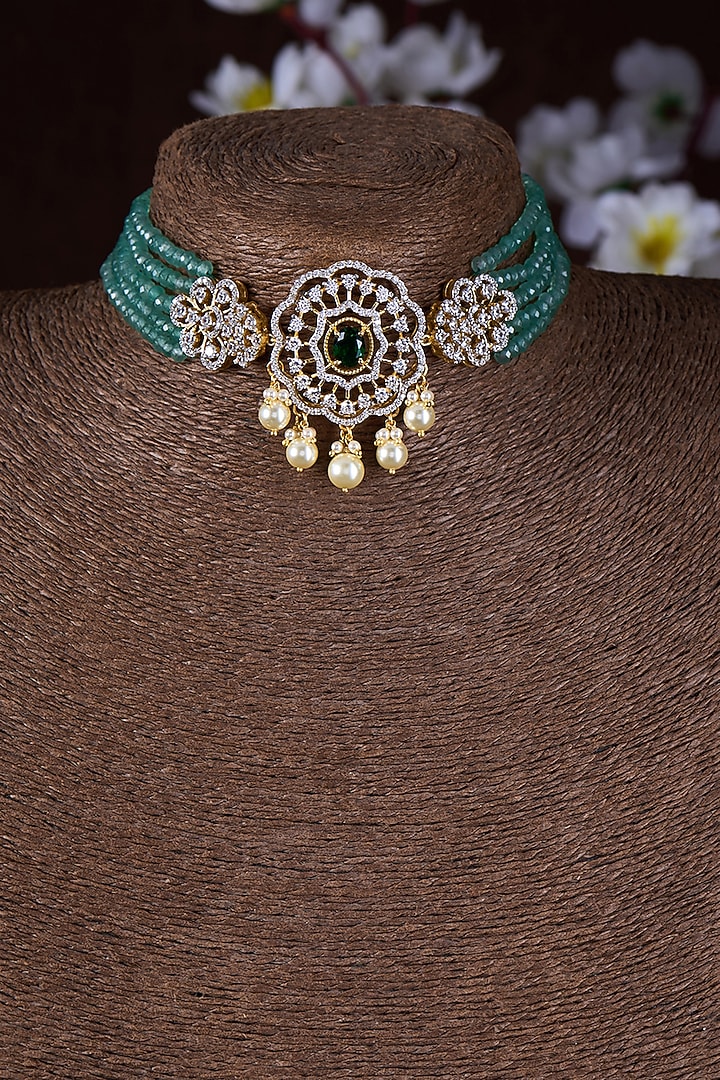Gold Finish Moissanite Polki & Emerald Green Stone Choker Necklace In Sterling Silver by Hunar at Pernia's Pop Up Shop
