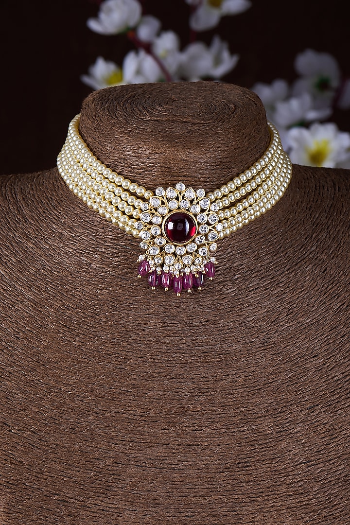 Gold Finish Moissanite Polki & Red Stone Choker Necklace In Sterling Silver by Hunar at Pernia's Pop Up Shop