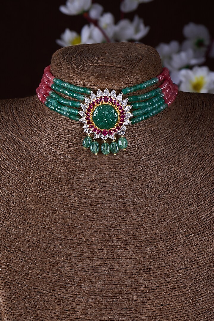 Gold Finish Moissanite Polki & Multi-Colored Stone Choker Necklace In Sterling Silver by Hunar at Pernia's Pop Up Shop