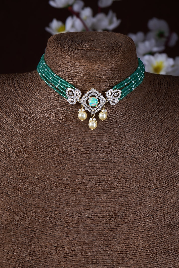 Gold Finish Moissanite Polki & Green Stone Choker Necklace In Sterling Silver by Hunar at Pernia's Pop Up Shop