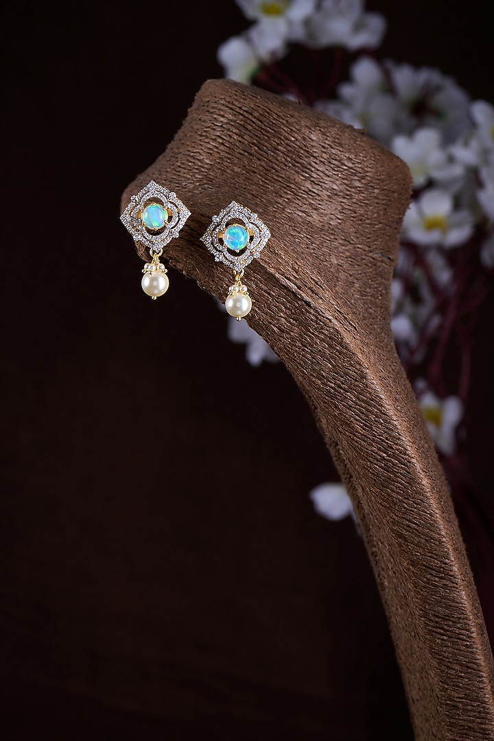 Gold Finish Moissanite Polki & Green Stone Dangler Earrings In Sterling Silver by Hunar at Pernia's Pop Up Shop