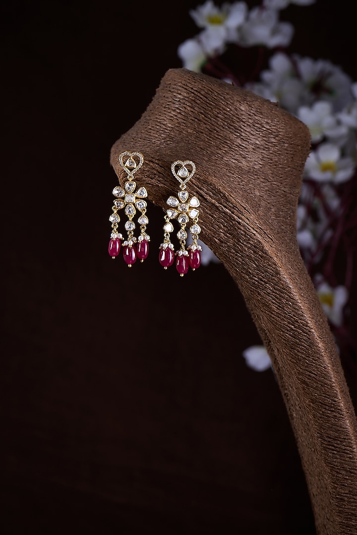 Gold Finish Moissanite Polki & Red Stone Dangler Earrings In Sterling Silver by Hunar at Pernia's Pop Up Shop