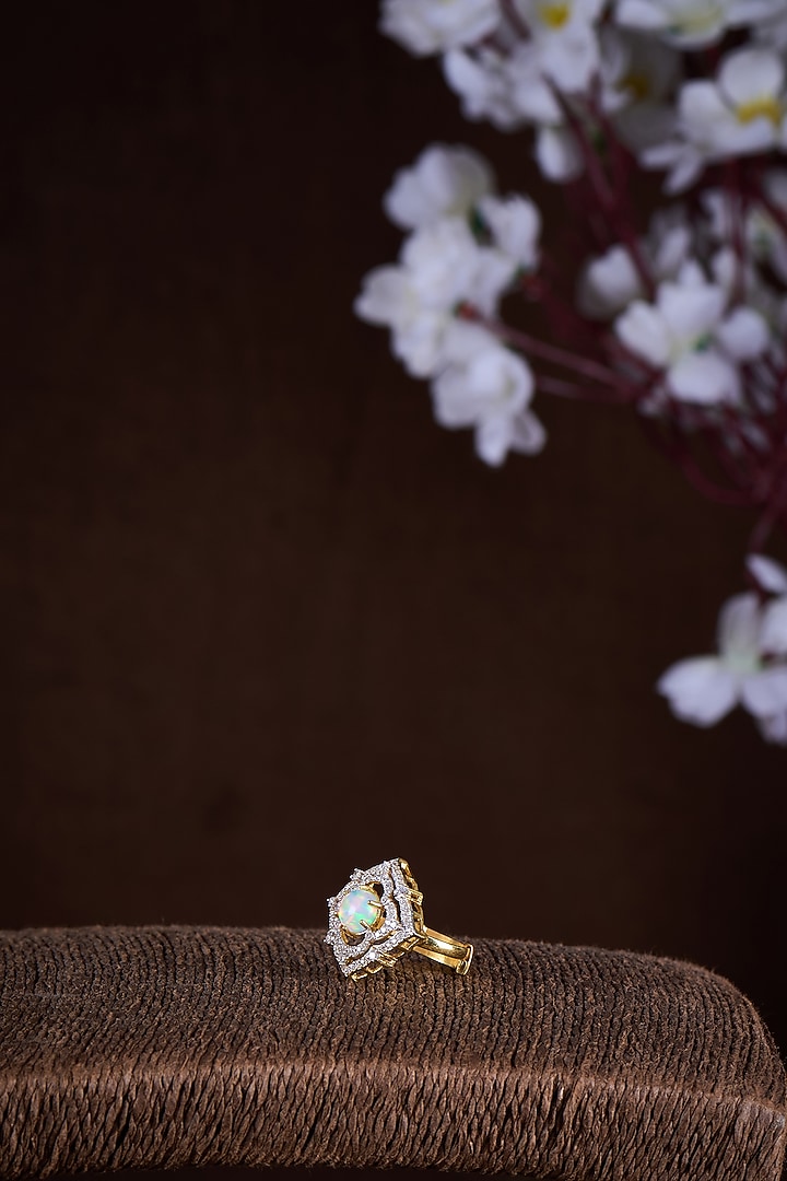 Gold Finish Moissanite Polki & Green Stone Ring In Sterling Silver by Hunar at Pernia's Pop Up Shop
