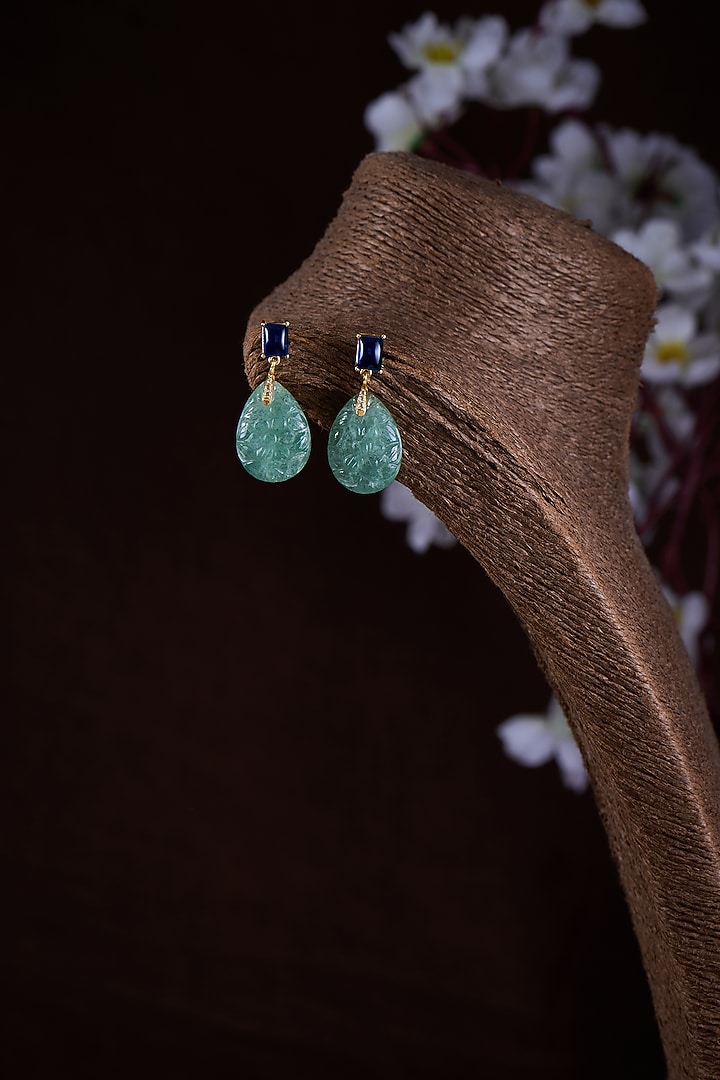 Gold Finish Moissanite Polki & Green Stone Dangler Earrings In Sterling Silver by Hunar at Pernia's Pop Up Shop