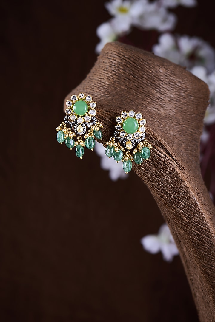 Gold Finish Moissanite Polki & Green Stone Dangler Earrings In Sterling Silver by Hunar at Pernia's Pop Up Shop