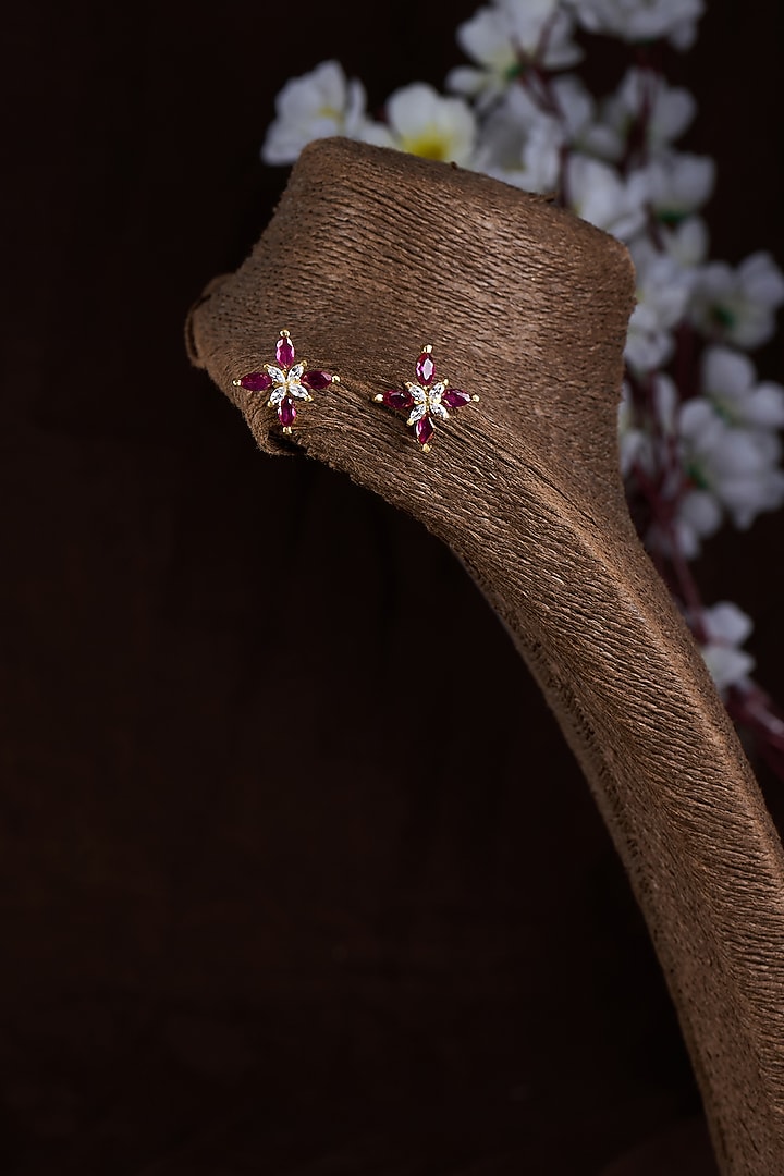 Gold Finish Moissanite polki & Red Stone Stud Earrings In Sterling Silver by Hunar at Pernia's Pop Up Shop