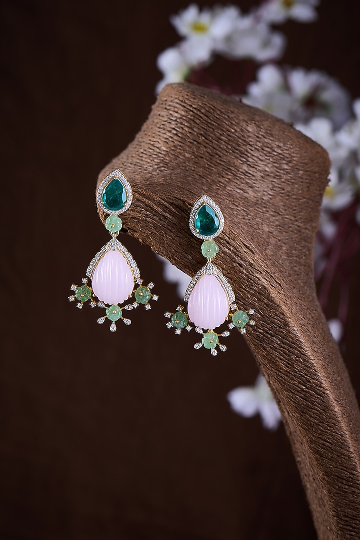 Gold Finish Moissanite Polki & Multi-Colored Stone Dangler Earrings In Sterling Silver by Hunar at Pernia's Pop Up Shop