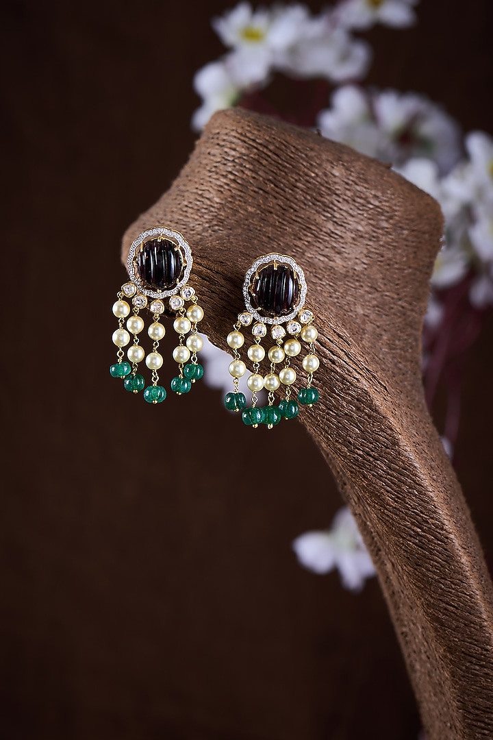 Gold Finish Moissanite Polki & Green Stone Dangler Earrings In Sterling Silver by Hunar at Pernia's Pop Up Shop